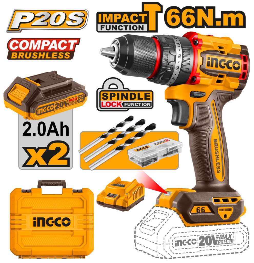Perceuse à percussion sans fil 66Nm 2Bat 20V - INGCO - ingco-maroc.com