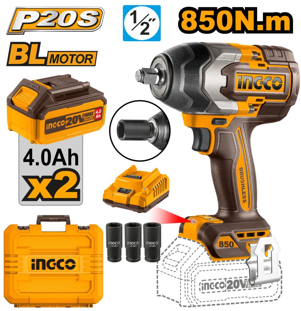 Clé à chocs sans fil 850nm 2Bat 4Ah 1/2" - INGCO - ingco-maroc.com
