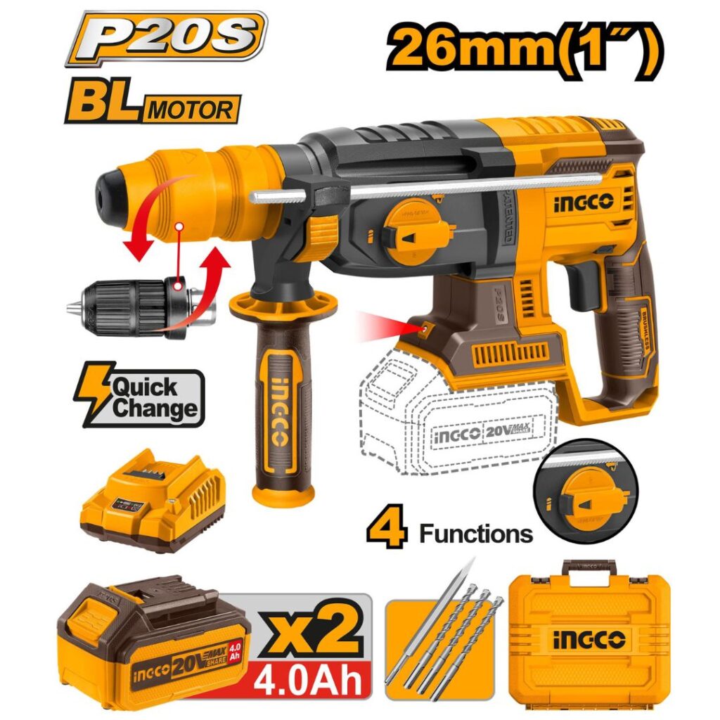 Marteau perforateur26mm20V+2Batt 4Ah mandrin sans clé INGCO - ingco-maroc.com