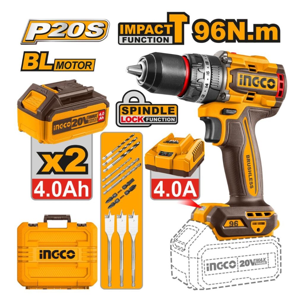 Perceuse visseuse sans fil 20 V- 96 Nm INGCO - ingco-maroc.com