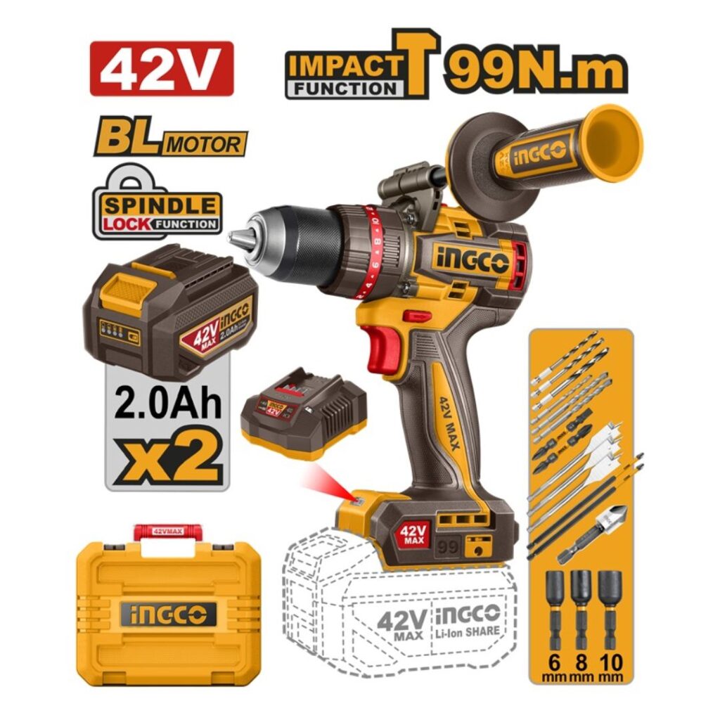 Perceuse à percussion 42V 99 Nm CIDLI429982 INGCO - ingco-maroc.com